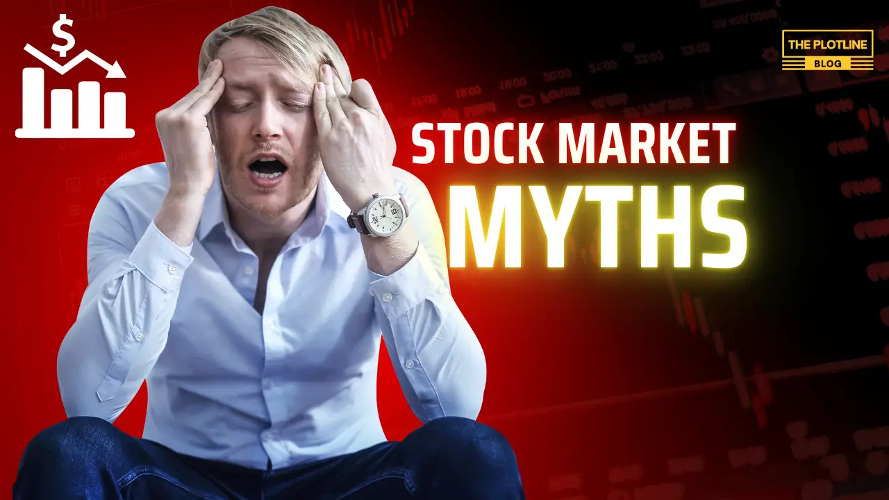 Visual representation of stock market myths being debunked, with charts, headlines, and investor reactions
