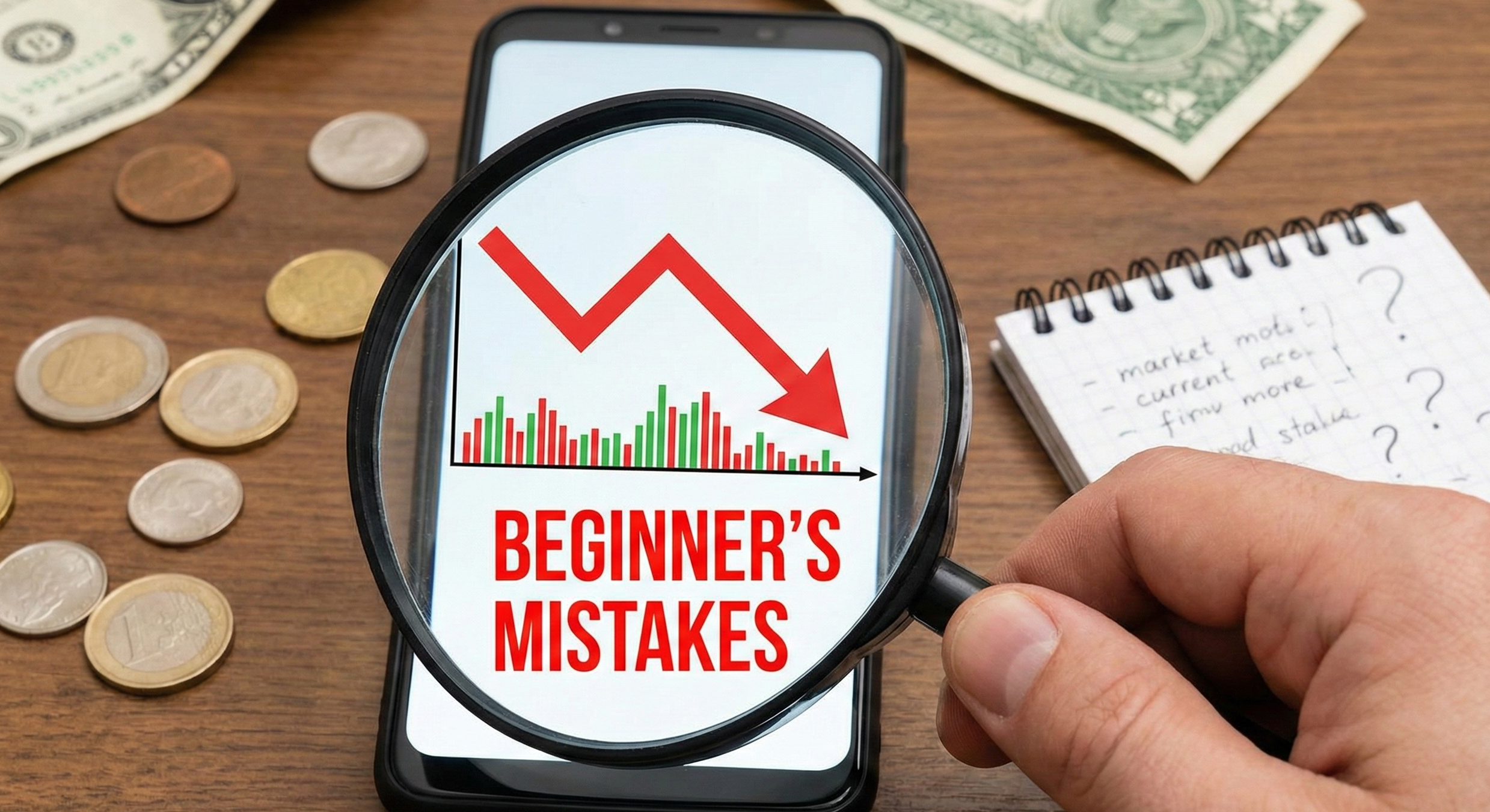 Beginner investor overwhelmed by market charts, showing why many new investors lose money due to mindset and expectations.