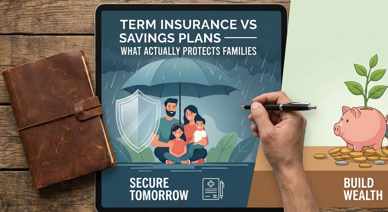 Comparison chart showing term insurance versus savings plans coverage and returns over 20 years