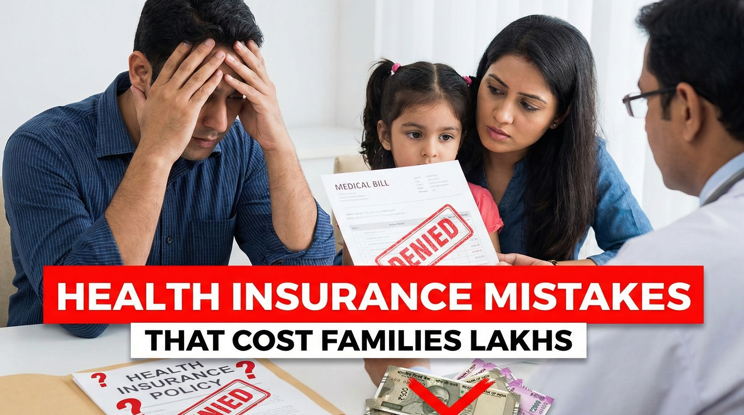 Family facing denied medical insurance claim, highlighting health insurance mistakes that lead to high hospital expenses.