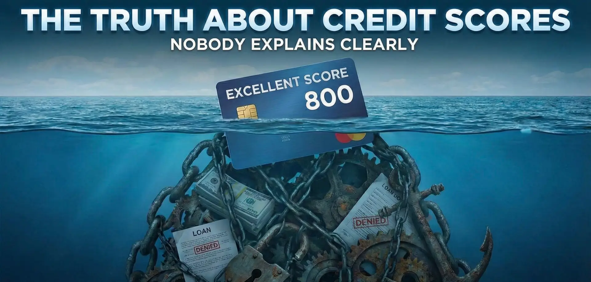 Illustration showing a credit card with an excellent credit score trapped underwater by chains, symbolizing hidden truths and misunderstandings about credit scores.