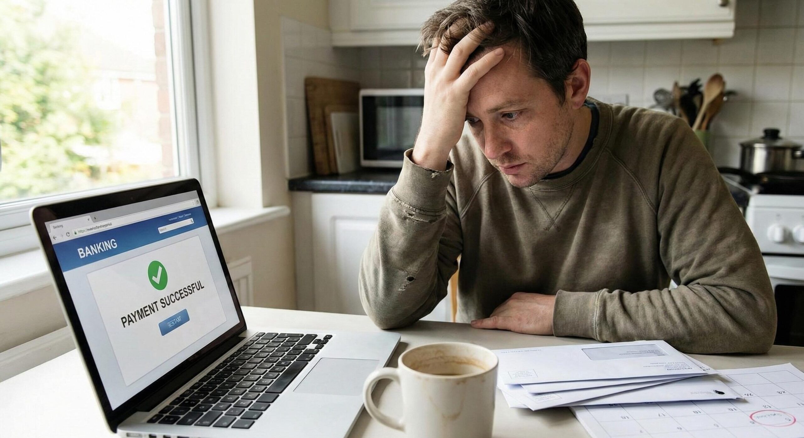 Person checking bank balance after paying EMIs on time but still feeling financial stress