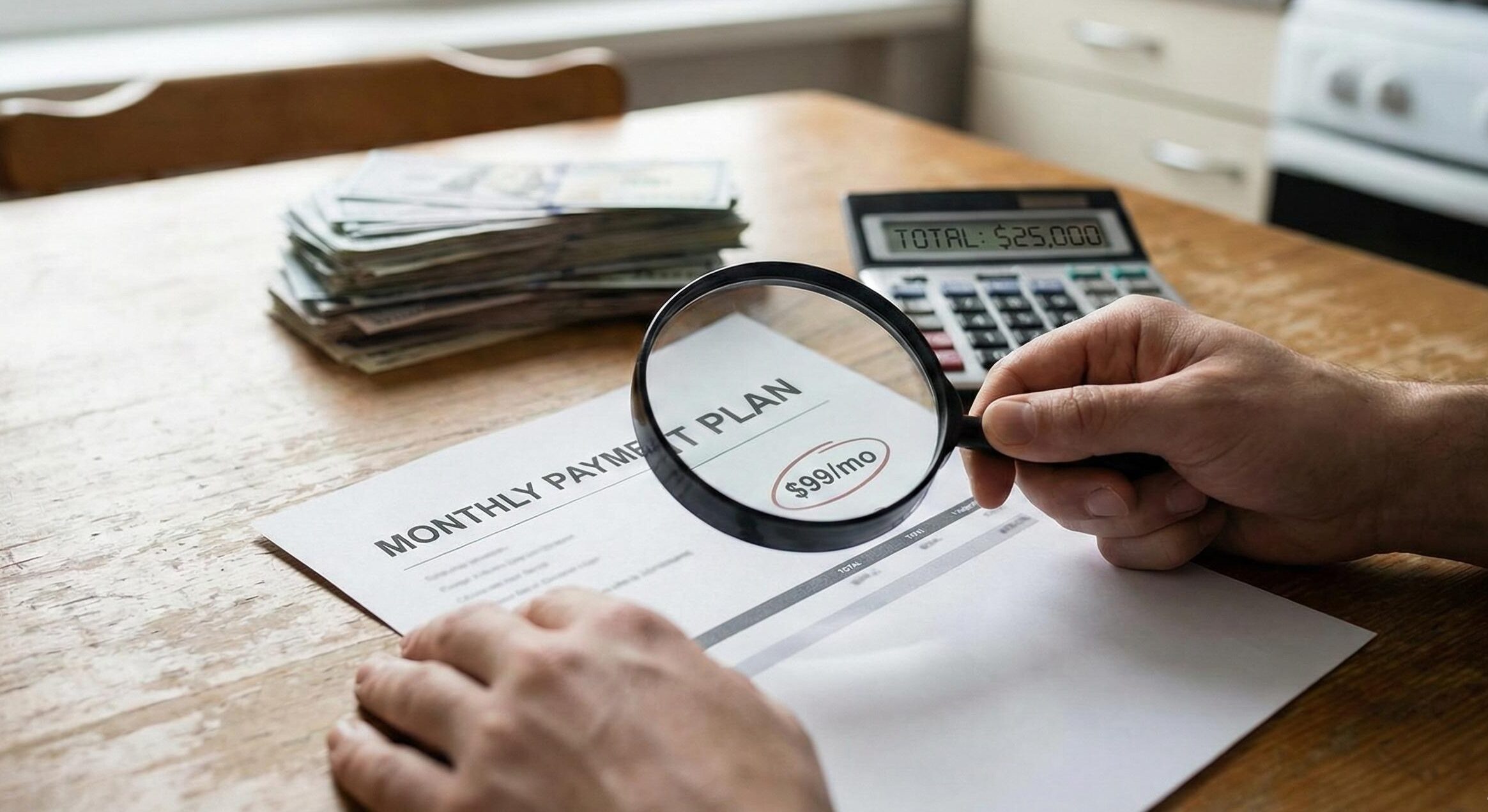 Person calculating affordable monthly payments while reviewing hidden total loan costs on calculator