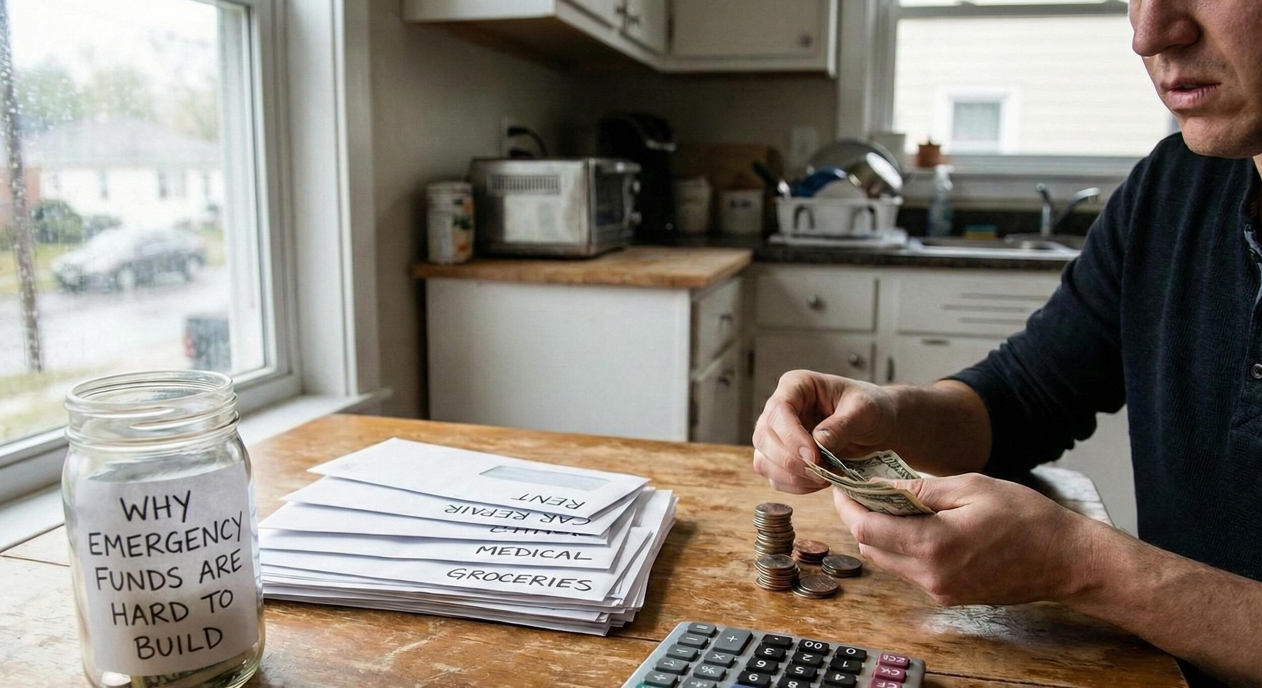 Person reviewing monthly payment plan with magnifying glass while building emergency funds